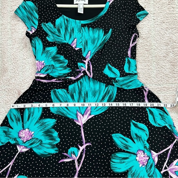 Joseph Ribkoff Black Dress Teal Floral Design Polka Dot Stretch Jersey Size 10 - Picture 7 of 12